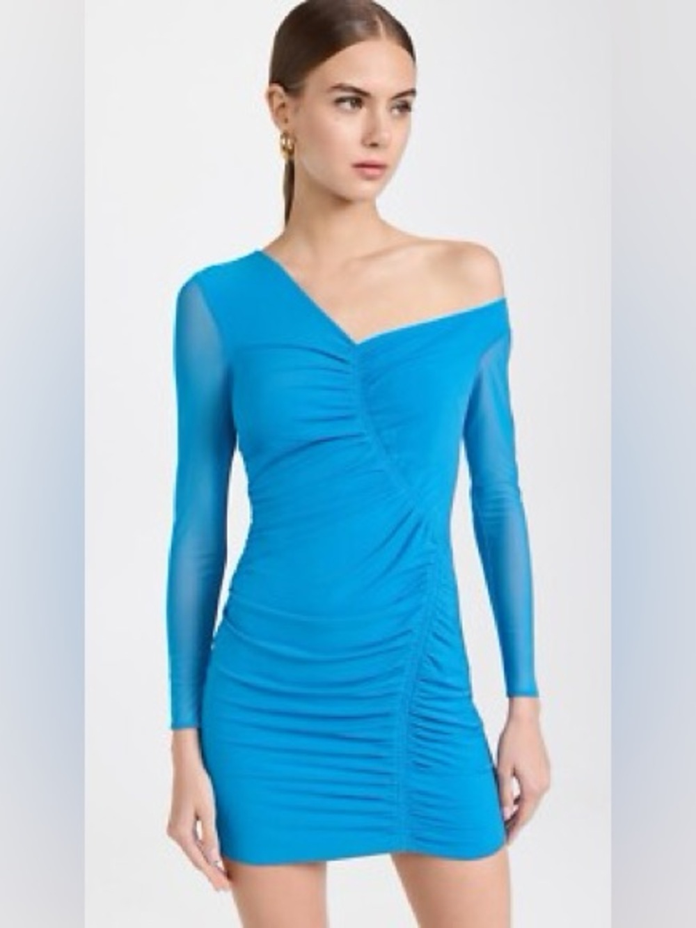 NWT Self Portrait Blue Ruched V-Neck Long Sleeve Off Shoulder Mini Dress 8